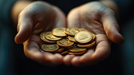 a person holding money coins in the open hands. standing outside in the nature. poor person begging for cash.