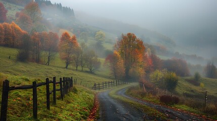 Wall Mural - Misty autumn morning on a winding country road surrounded by colorful trees in a serene landscape