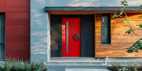 Wall Mural - A red door with a round window sits in front of a house. The door is made of glass and metal, and it is the main entrance to the house. The house is made of wood and has a modern design