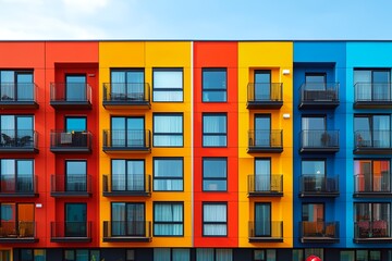 Canvas Print - A colorful apartment building with balconies and windows. The building is multi-story and has a bright, cheerful appearance