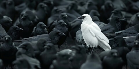 a flock of black birds are standing in a field with a white bird standing in the middle. the black b