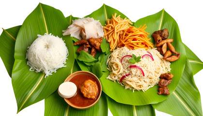 Variety of authentic thai traditional meal set on green banana leaves isolated with white highlights, png