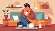 © LunaStar - Sick Man Sitting on Couch with Tea and Blanket, Recovering in Cozy Home