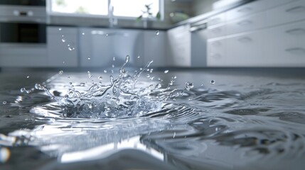 kitchen with a flooded floor. water intrusion, unexpected home disaster. deluge and flood. splash an