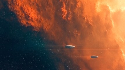 Wall Mural - two small white flying saucers floating above the planet mars, epic, rays, smoke, red sky, and an or
