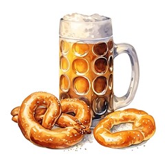 Wall Mural - Beer with snacks watercolor illustration for Octoberfest celebration.