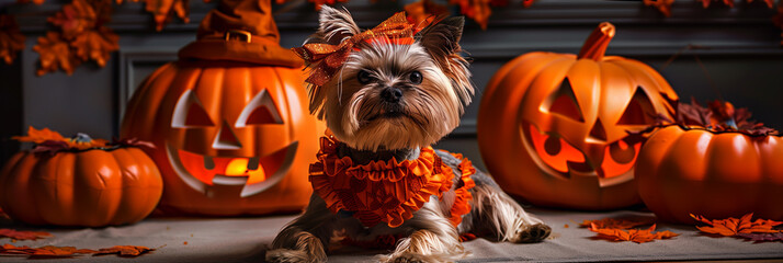 Halloween cute Yorkshire Terrier puppy dog, carved jack-o'-lanterns, pumpkin, banner copy space horizontal