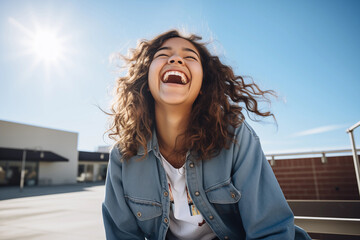 portrait of a high school teenage girl on campus with dark brown curly hair laughing  with eyes closed