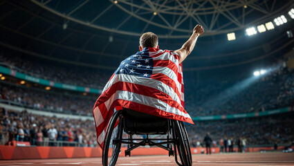 triumphant paralympic athlete in wheelchair draped in the american flag celebrates olympic gold meda