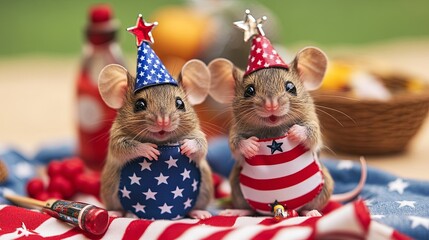 Two mice wearing American flag hats and patriotic outfits