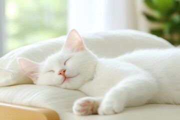 Wall Mural - Peaceful White Cat Sleeping on Soft Bed in Sunlit Room