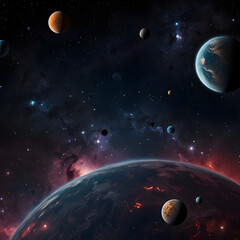 A cosmic scene featuring a dark space background adorned with small, colorful planets scattered throughout