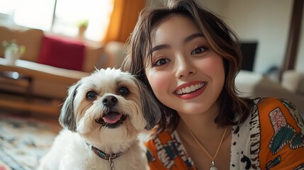 Wall Mural - 日本人女性とかわいい白いシーズー犬のポートレート