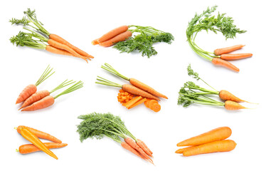 Wall Mural - Collage of fresh carrots on white background