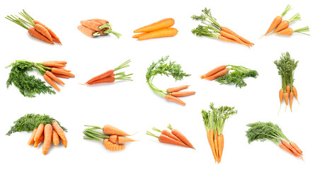 Set of fresh carrots on white background