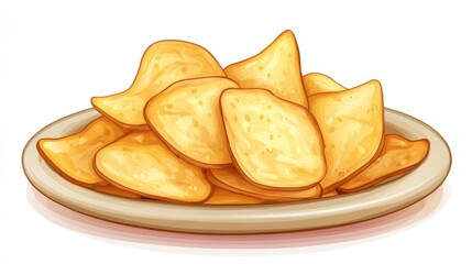 On the plate, fried potato chips are a hot, unhealthy snack.