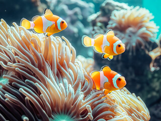 Wall Mural - Three orange and white fish swimming in a coral reef. The fish are swimming in a group and appear to be enjoying their time in the ocean