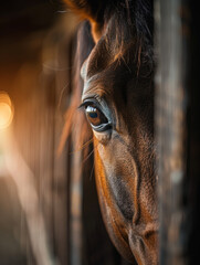 Wall Mural - Close-up of a horse's eye with sunlight filtering in