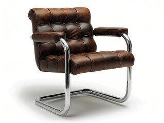 Wall Mural - A brown leather chair with silver legs and a silver back. The chair is sitting on a white background