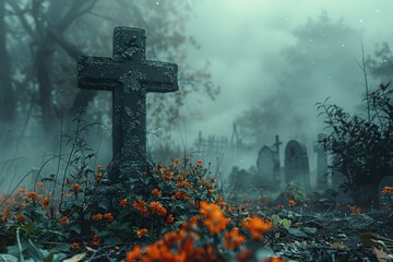 Wall Mural - Grave In A Misty Cemetery