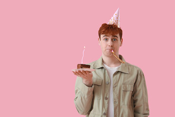 Poster - Young man with party blower and piece of birthday cake on pink background