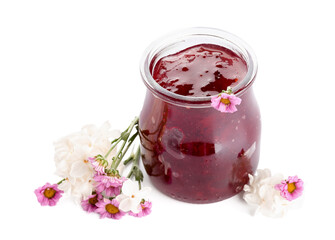 Wall Mural - Jar of sweet jam with flowers isolated on white background