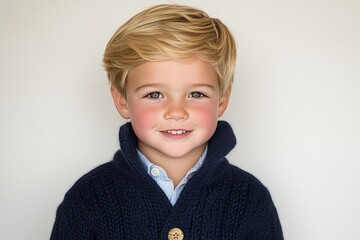 A cheerful young boy with blonde hair smiles warmly in a cozy navy sweater against a soft backdrop