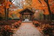 © Lazylizard - Elegant autumn outdoor wedding ceremony setup in a garden adorned with vibrant foliage
