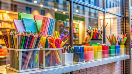 Close up of school stationery items displayed in shop window , back to school, pencils, notebooks, erasers, pens