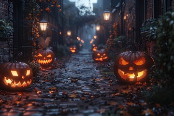 Wall Mural - Spooky Halloween Street with Jack-o'-Lanterns