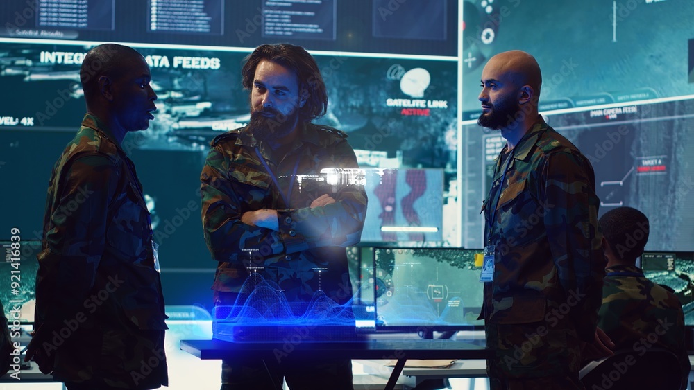 Operators in control room use augmented reality military technology to ...