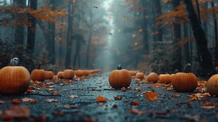 Canvas Print - Autumnal Pathway with Pumpkins