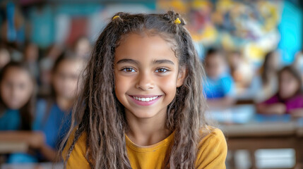 Smiling African-American girl with long curly hair in a classroom, wearing a yellow sweater, looking confidently at the camera with blurred classmates in the background.

