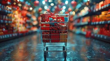 Poster - Christmas Shopping Cart Filled with Gifts in a Supermarket Aisle