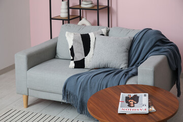 Poster - Modern interior of living room with grey sofa and wooden table