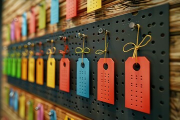 Wall Mural - Colorful Tags Hanging on a Pegboard