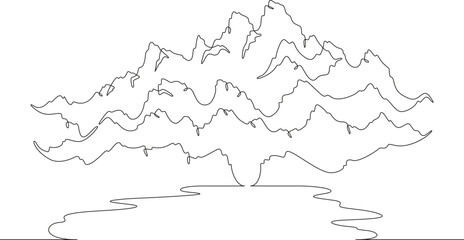 Wall Mural - Mountain landscape with a lake. Rocks near the water. Mountain lake. Sea bay.One continuous line. Line art. Minimum one line. White background. One line drawing.