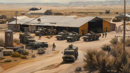 Armed forces conduct operations at a desert military base with various vehicles in use