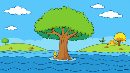 Sticker - landscape with trees and sea vector illustration