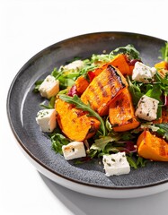 Autumn salad with grilled pumpkin, goat cheese and herbs close up isolated on white background. Seasonal autumn warm salad recipe, vegetarian food.