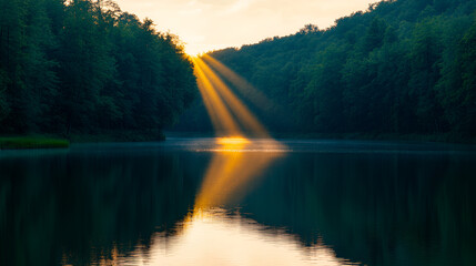 Canvas Print - Serene Sunset: Sunbeams Reflecting on Calm Lake Waters