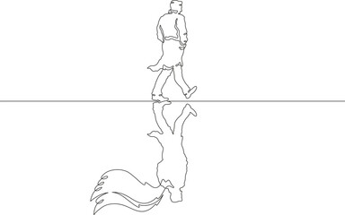 Wall Mural - A man is walking. Reflection in the form of an angel with wings. Portrait with reflection on the ground.One continuous line. Line art. Minimum one line. White background. One line drawing.