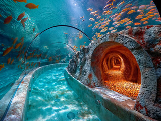 Wall Mural - A tunnel with a tunnel of fish swimming in it