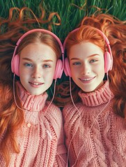 Wall Mural - Two girls listening to music with headphones. AI.