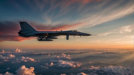 Poster - A jet flies through the clouds at sunset. AI.