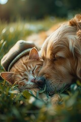 Poster - A cat and dog sleeping peacefully together in the grass. AI.