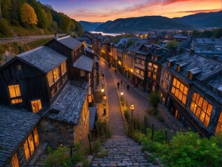 Canvas Print - A cobblestone street lined with charming old houses. AI.