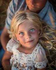 Poster - A little girl looks up with big, blue eyes. AI.