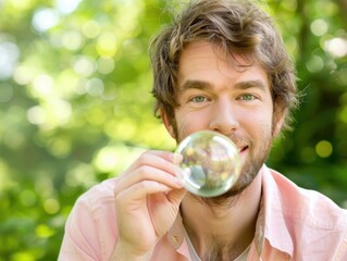 Wall Mural - A man blows a bubble in the park. AI.