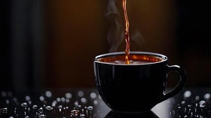 Close-up of coffee pouring in cup on table against black background,Bekasi City,Indonesia